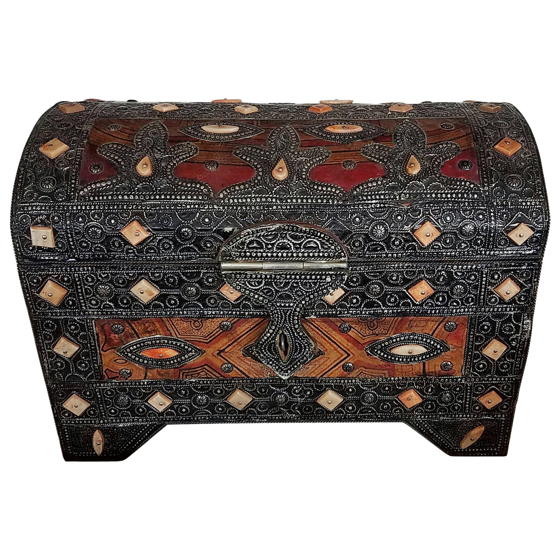 Camel Bone / Metal Inlaid Moroccan Wooden Trunk For Sale