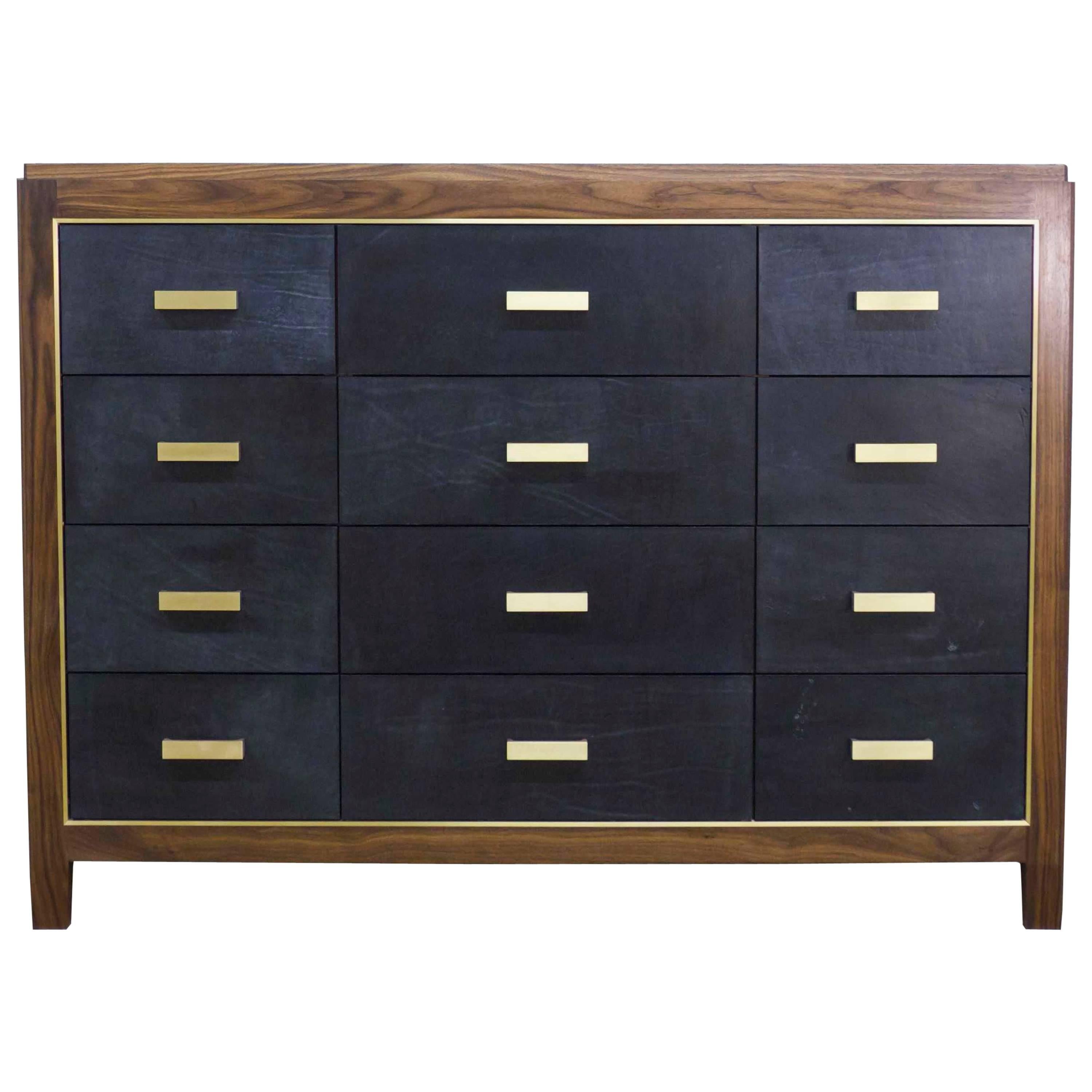 Mexican Mid-Century Modern Inspired Abuelo Bureau 12-drawer in Walnut & Leather For Sale