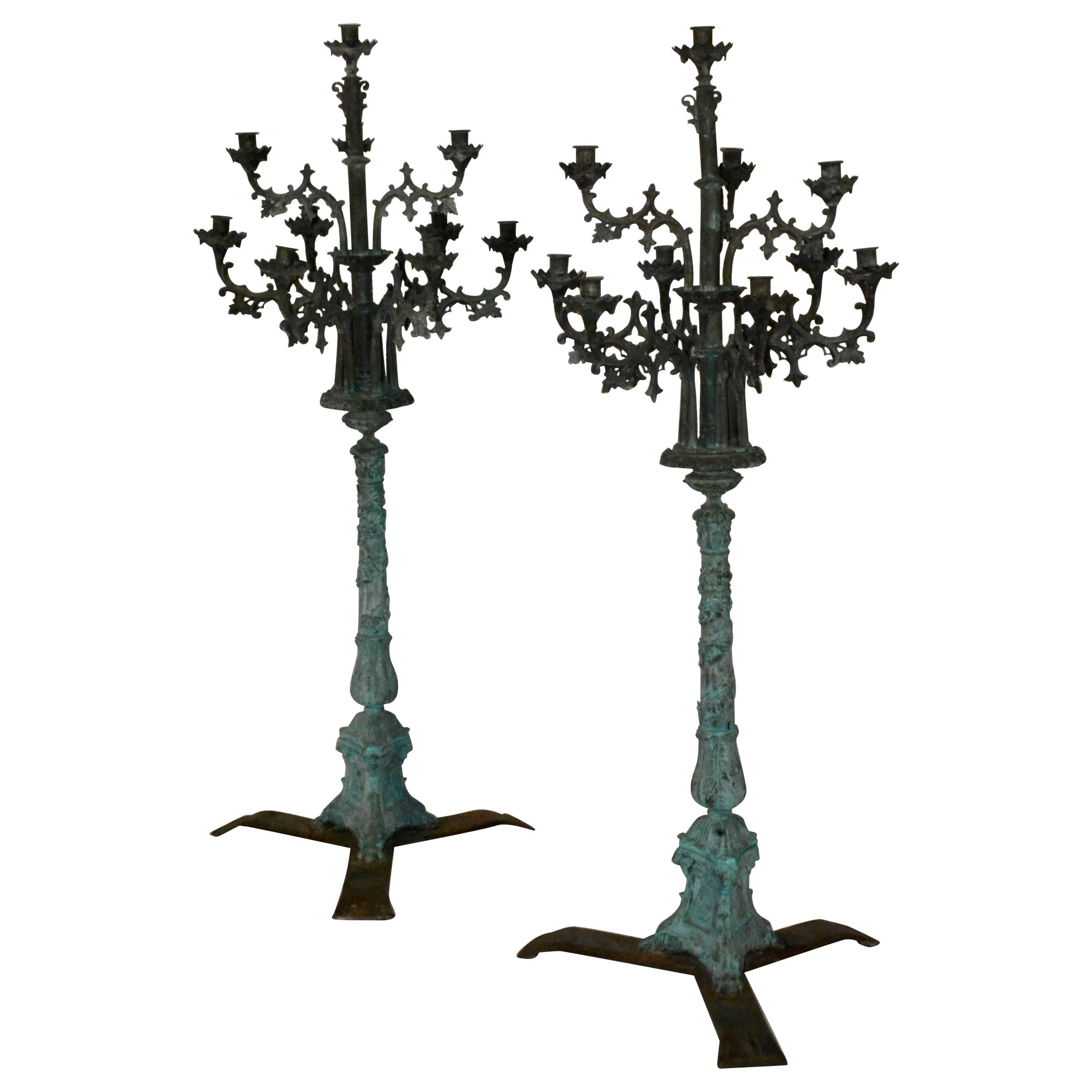 Pair of French Patinated Bronze Standing Candelabra at 1stDibs