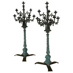 Pair of French Patinated Bronze Standing Candelabra