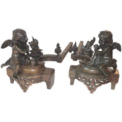 Wonderful French Empire Bronze Regency Fireplace Putti Cherubs Chenets Andirons