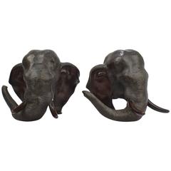 Pair of Signed Japanese Meiji Period Bronze Elephant Head Bookends 12