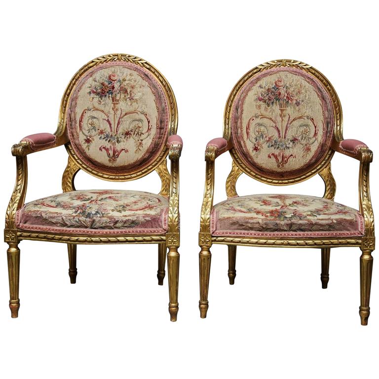 Pair of French 19th Century Giltwood Open Armchairs in the Louis XVI ...