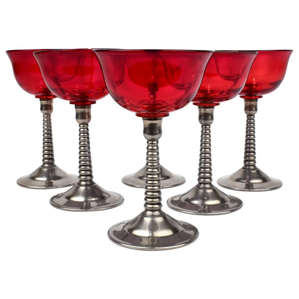 Set of Six Machine Age Silver Plate and Red Glass Martini or Cocktail Glasses