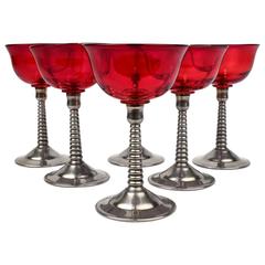 Antique Set of Six Machine Age Silver Plate and Red Glass Martini or Cocktail Glasses