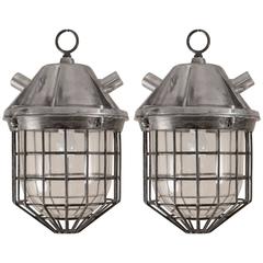 Pair of Aluminium and Iron Ship's Galley Pendant Lights