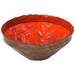 Marcello Fantoni Hammered and Torch Cut Copper Bowl with Red Enamel