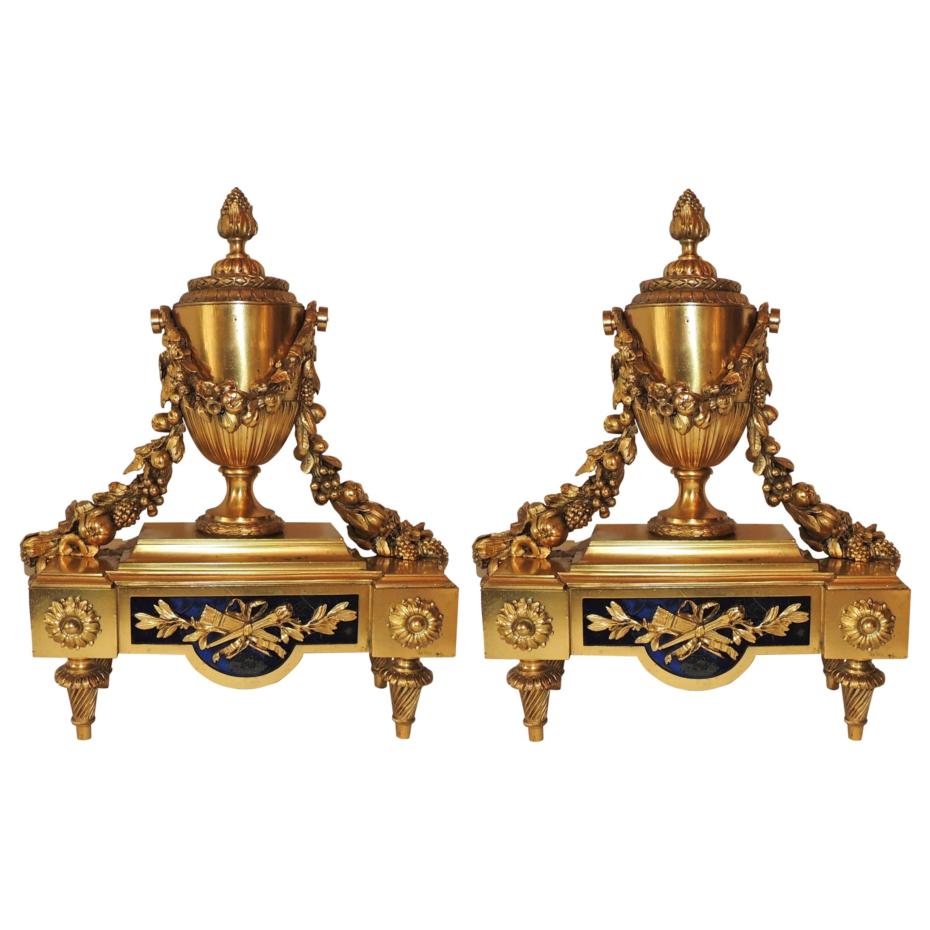 Wonderful French Pair Regency Empire Dore Bronze Chenets Urns Swag Andirons