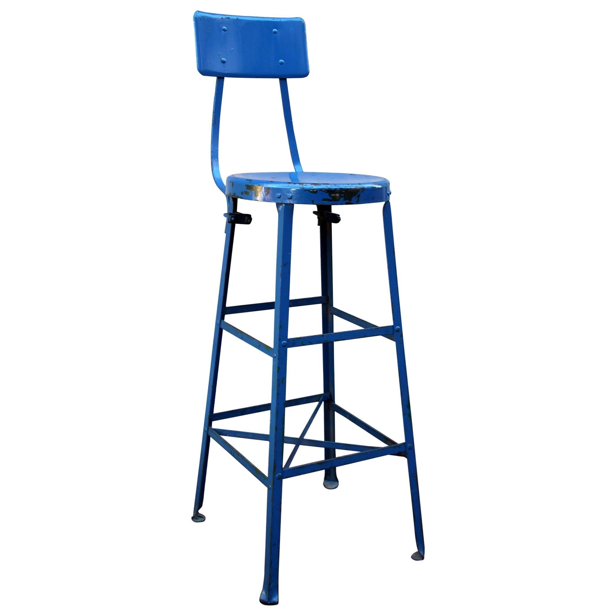 Very Tall Blue Industrial Stool, American, Mid-20th Century For Sale