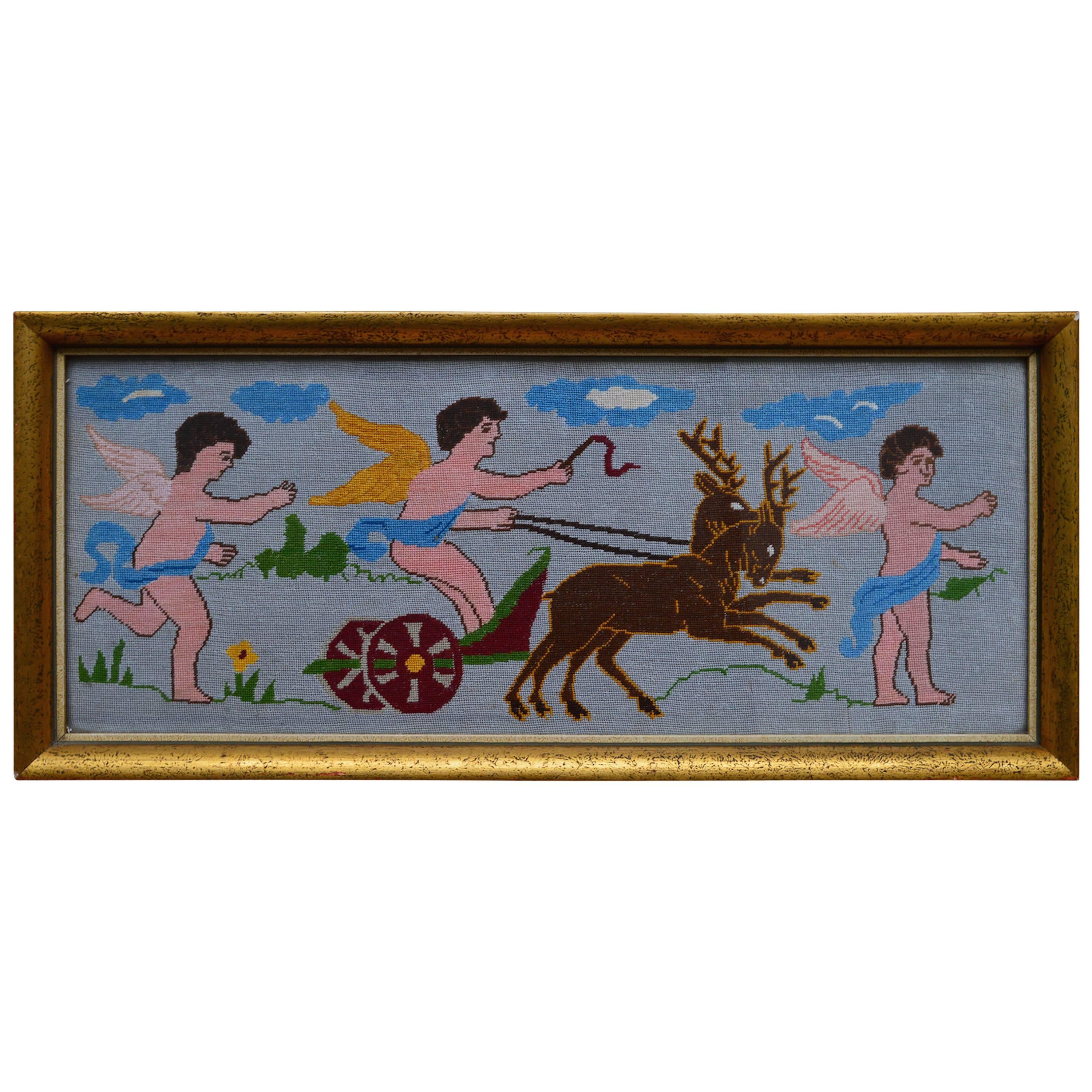  Swedish Needlepoint Textile Showing Cherubs with a Chariot Pulled by Deer For Sale