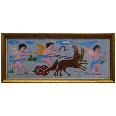 Antique  Swedish Needlepoint Textile Showing Cherubs with a Chariot Pulled by Deer