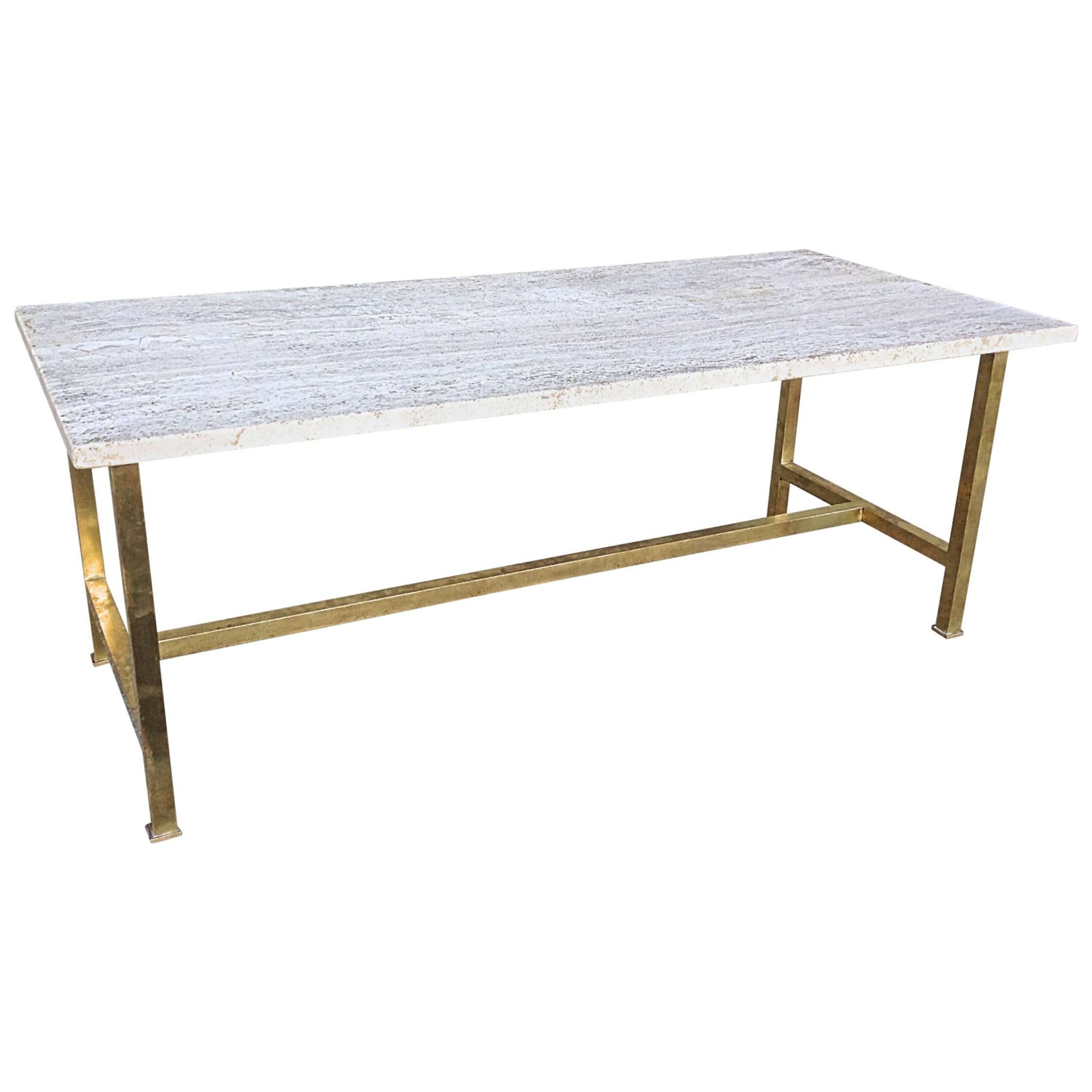 Mid-Century Brass and Travertine Coffee Table