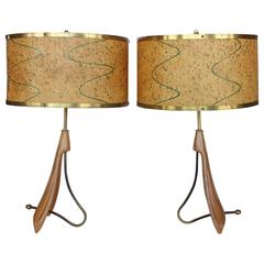 Stylish Mid-Century Brass and Wood Table Lamps