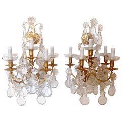 Antique Pair of Five Light French Baccarat Crystal Wall Sconces