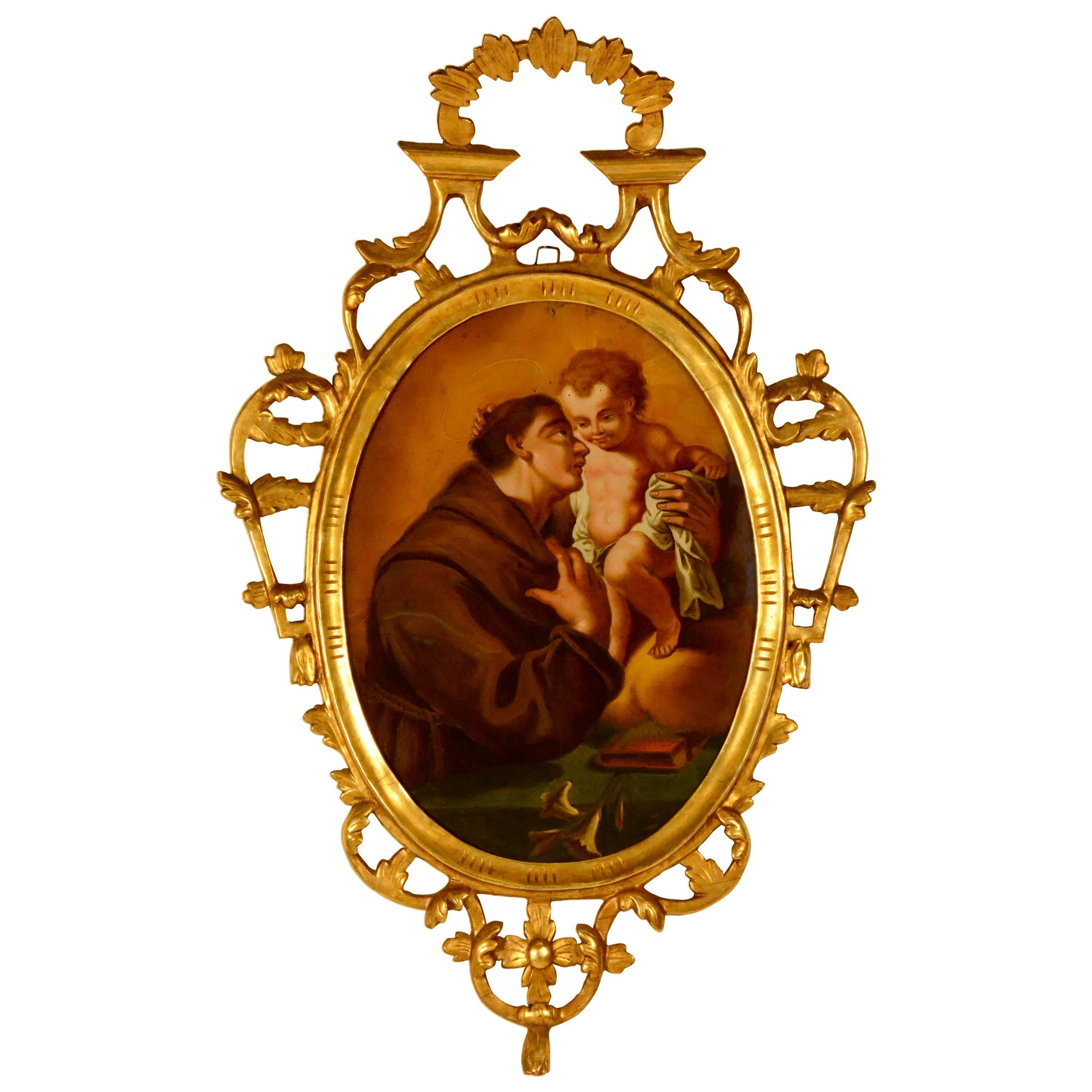 Spanish Religious Reverse Painting Saint Anthony of Padua with Child