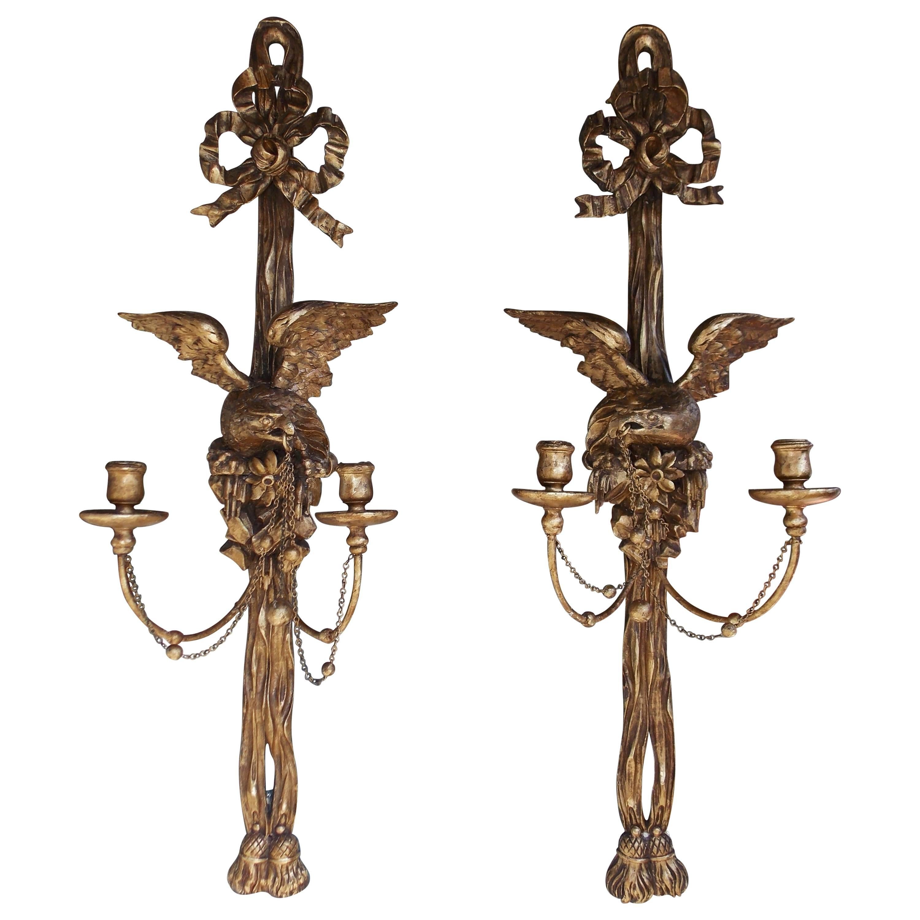 Pair of American Gilt Perched Eagle Wall Sconces, Circa 1810