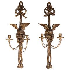 Antique Pair of American Gilt Perched Eagle Wall Sconces, Circa 1810