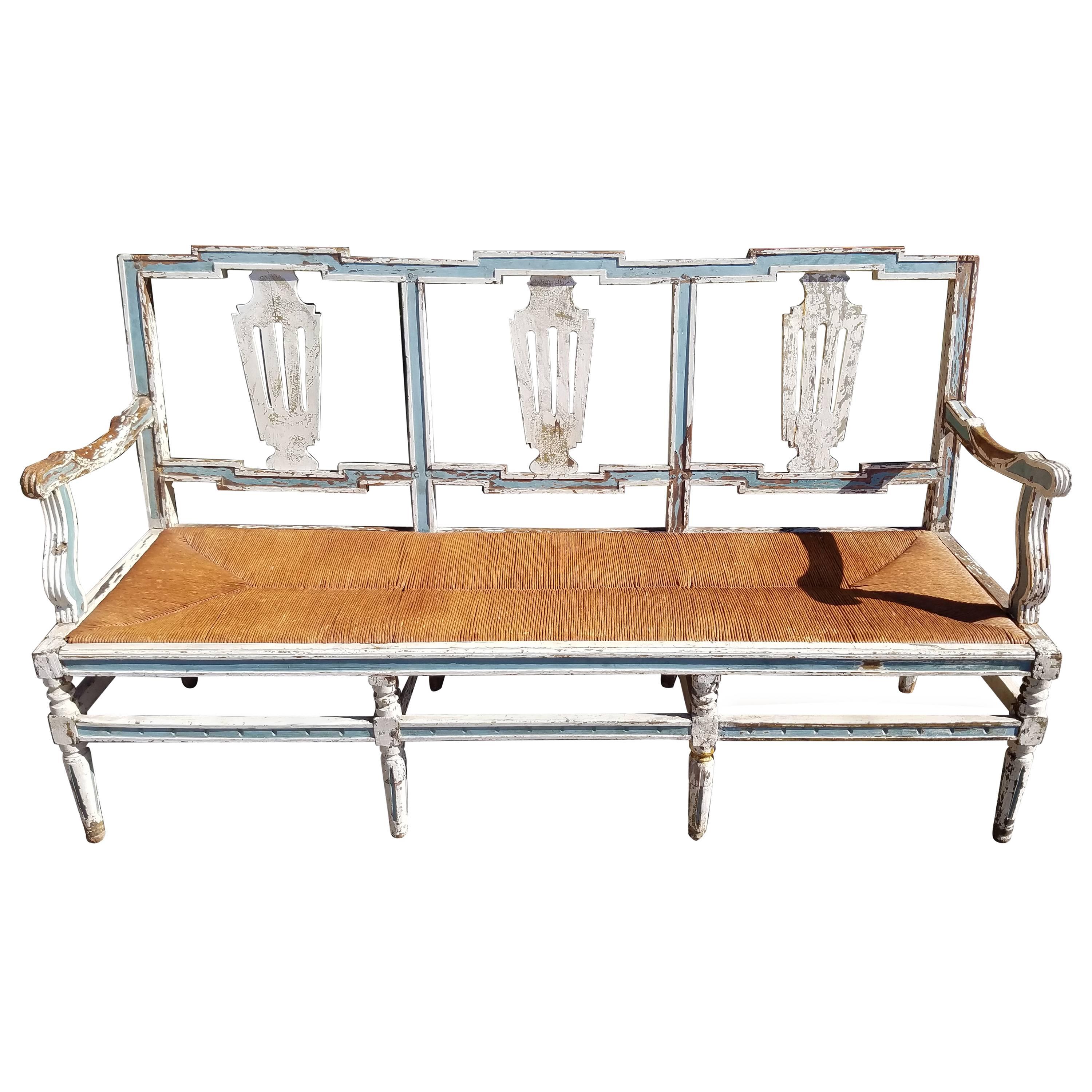 19th Century Gustavian Bench Settee with Rush Seat For Sale