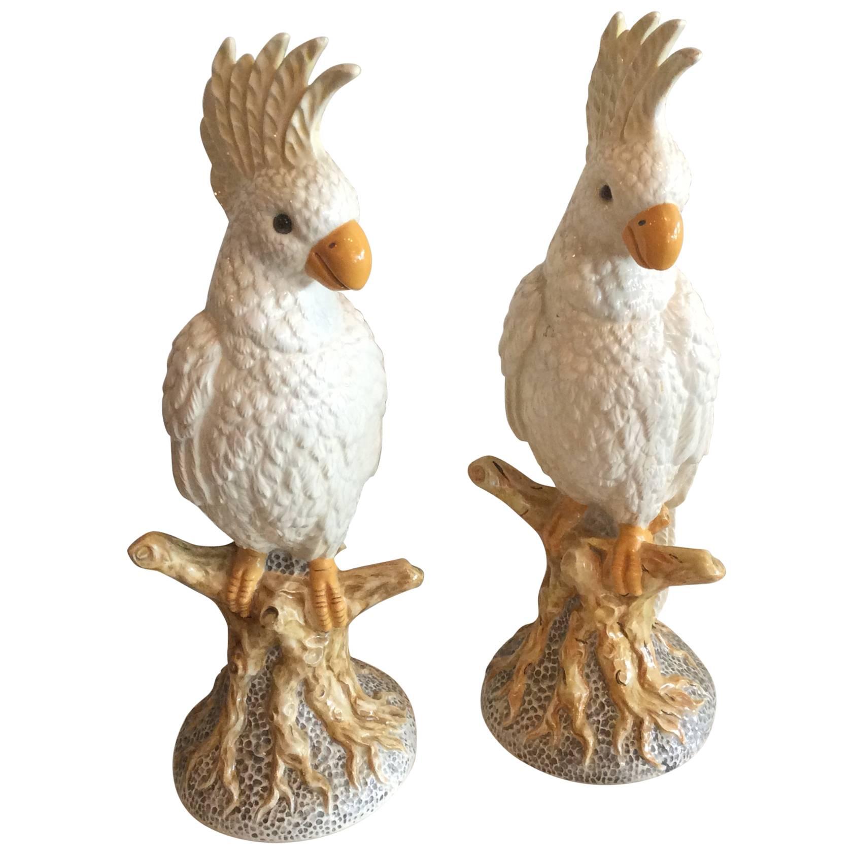 Pair of Vintage Italian Bird Cockatoo Statues Ceramic Hollywood Regency