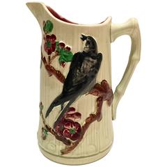 19th Century French Majolica Ceramic Glaze Faux Bois Bird Pitcher