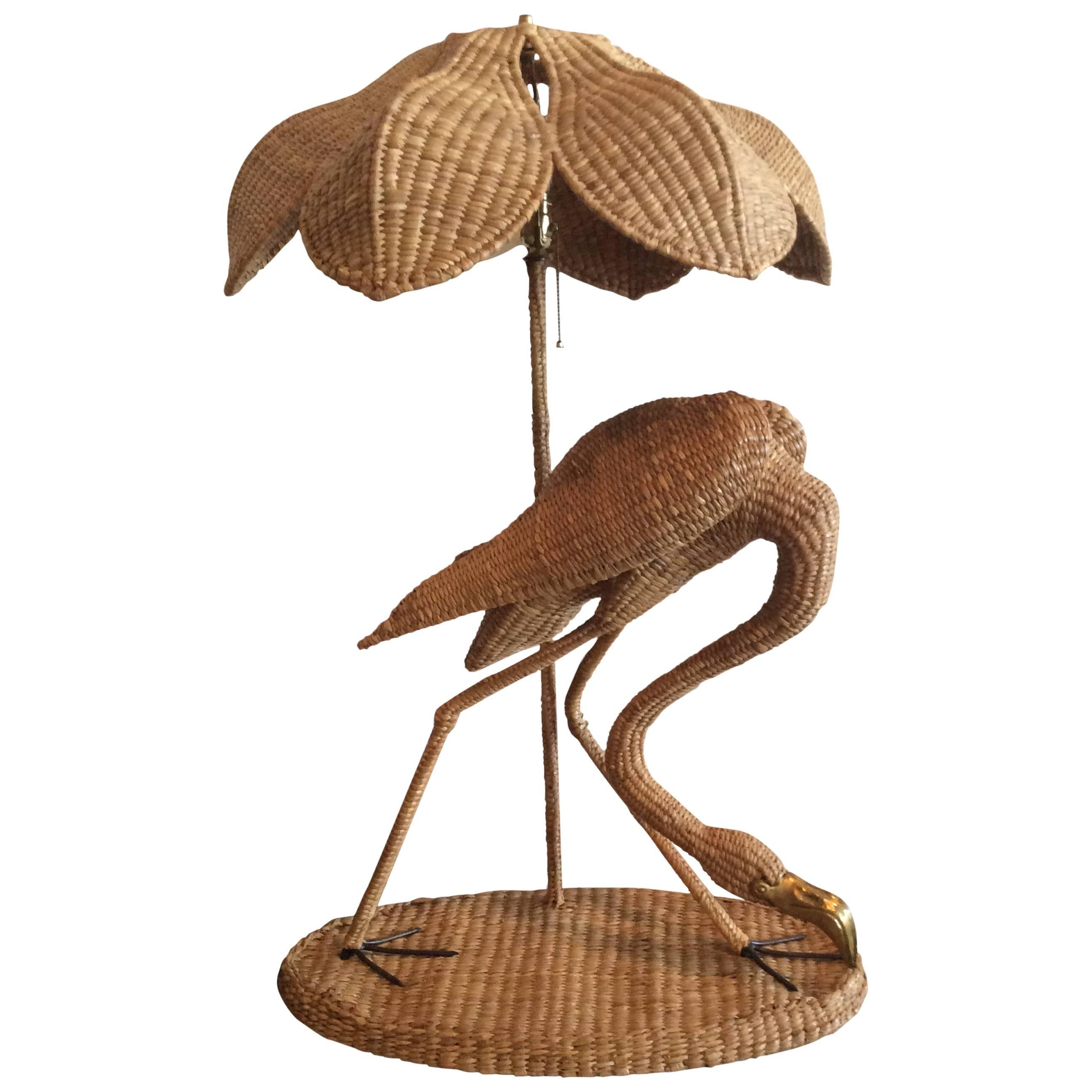 Mario Lopez Torres Table Lamp Wicker Rattan Brass Flamingo Bird 1974 Floor