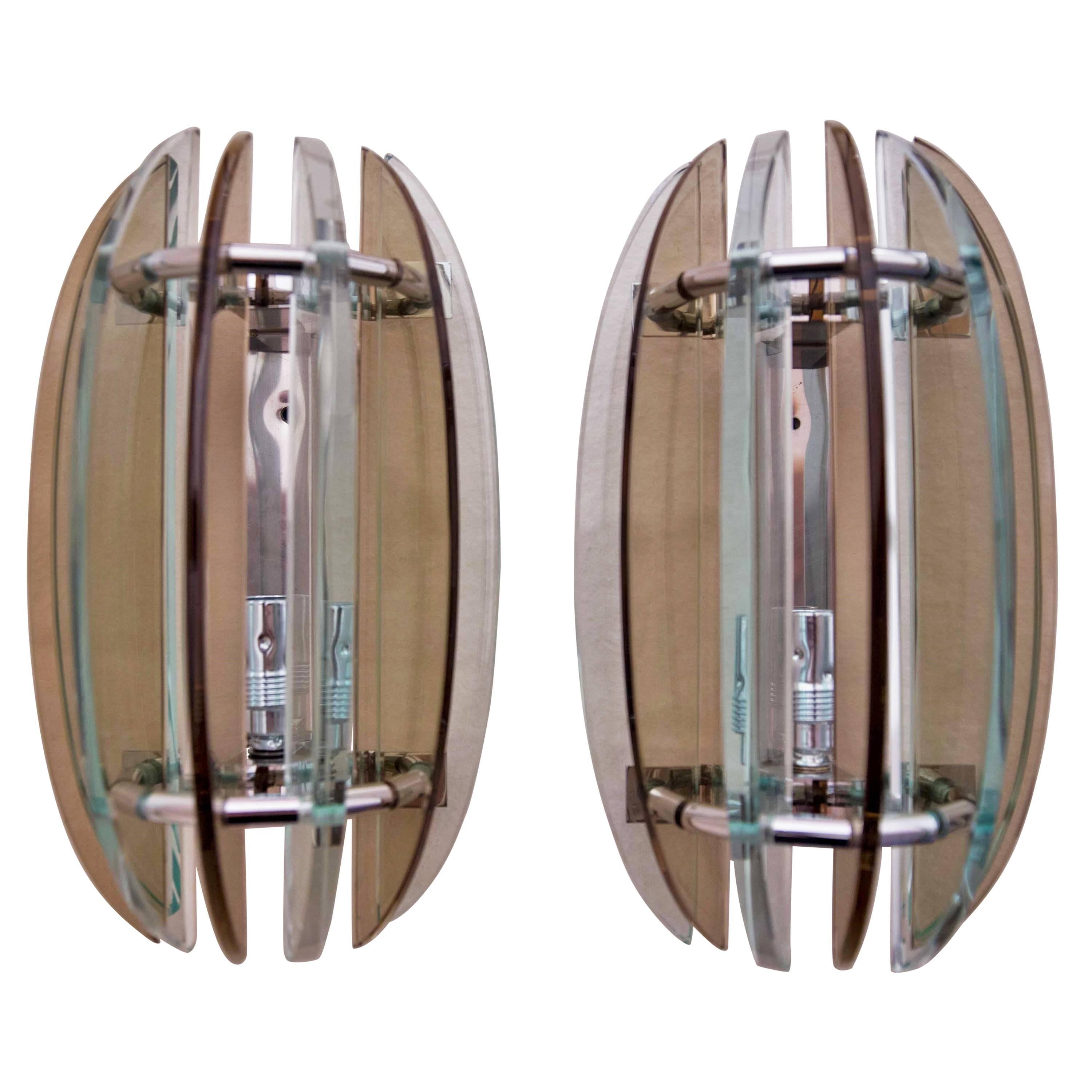 Pair of Wall Lights, Sconces Appliques by Veca Italy Brown and Clear Glass For Sale