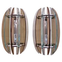 Pair of Wall Lights, Sconces Appliques by Veca Italy Brown and Clear Glass