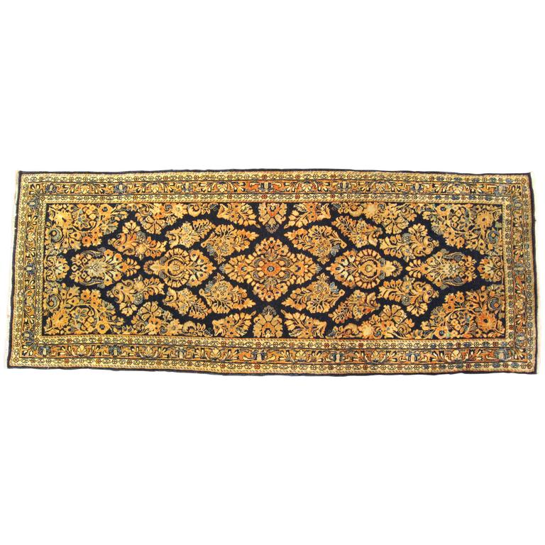 Antique Persian Sarouk Oriental Rug, in Small Runner Size, with Navy