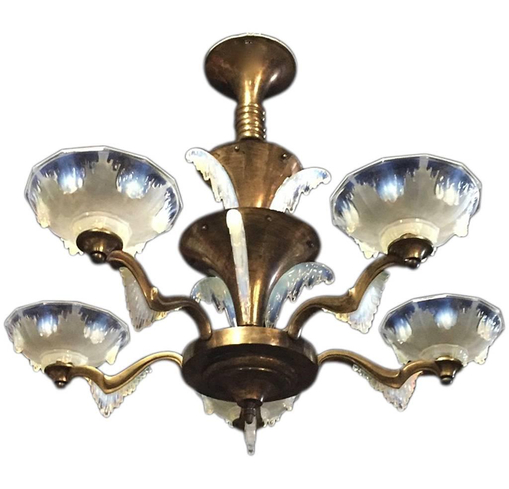 French Art Deco Chandelier with Opalescent Shades by Ezan