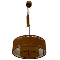 Rare Adjustable Ceiling Light in Brass and Suede