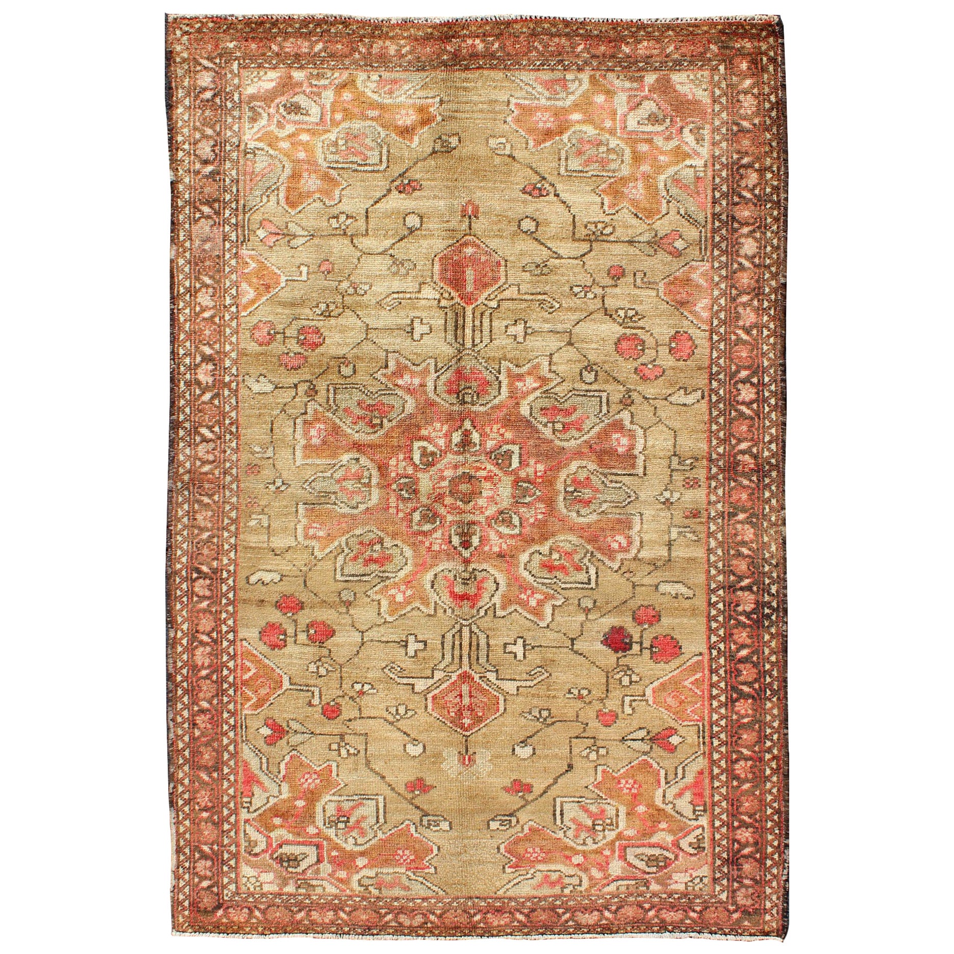 Vintage Persian Rug with Tribal Design in Beautiful Green and Coral Colors