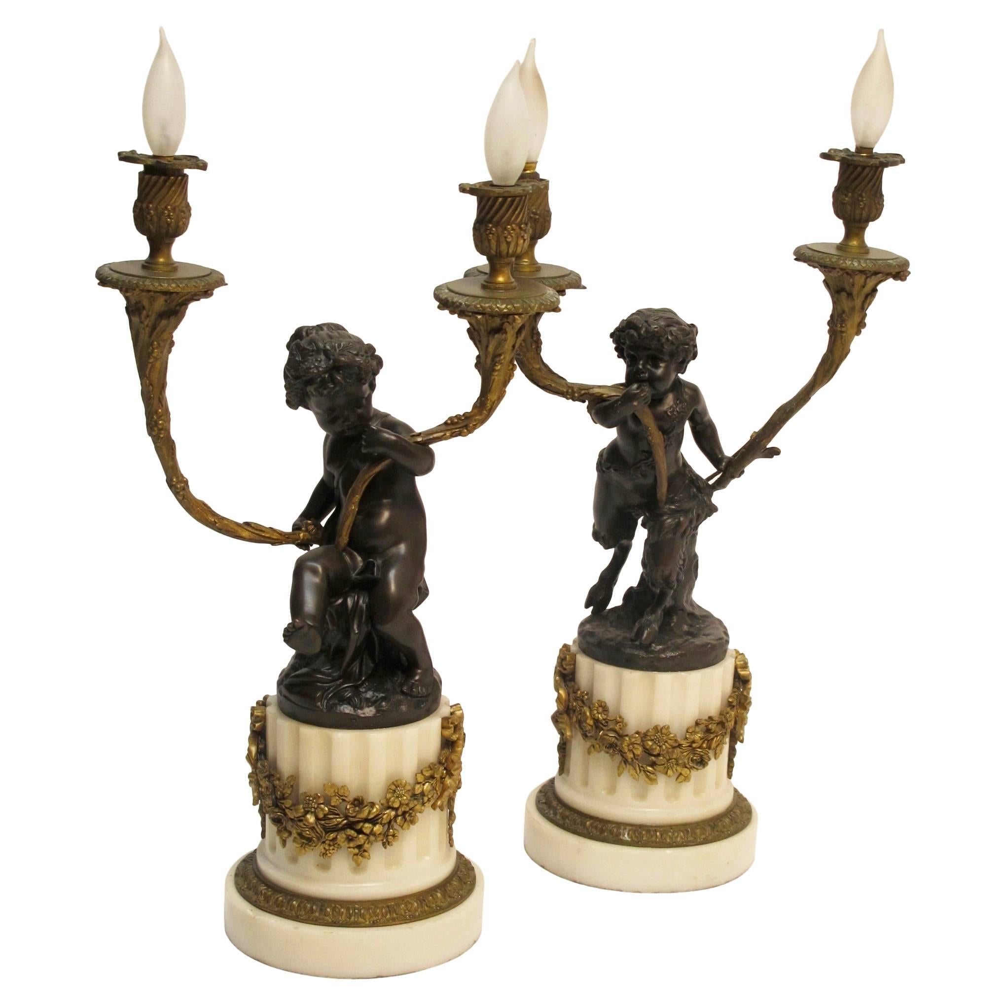 French Neoclassical Bronze Putti Lamps Signed Clodion