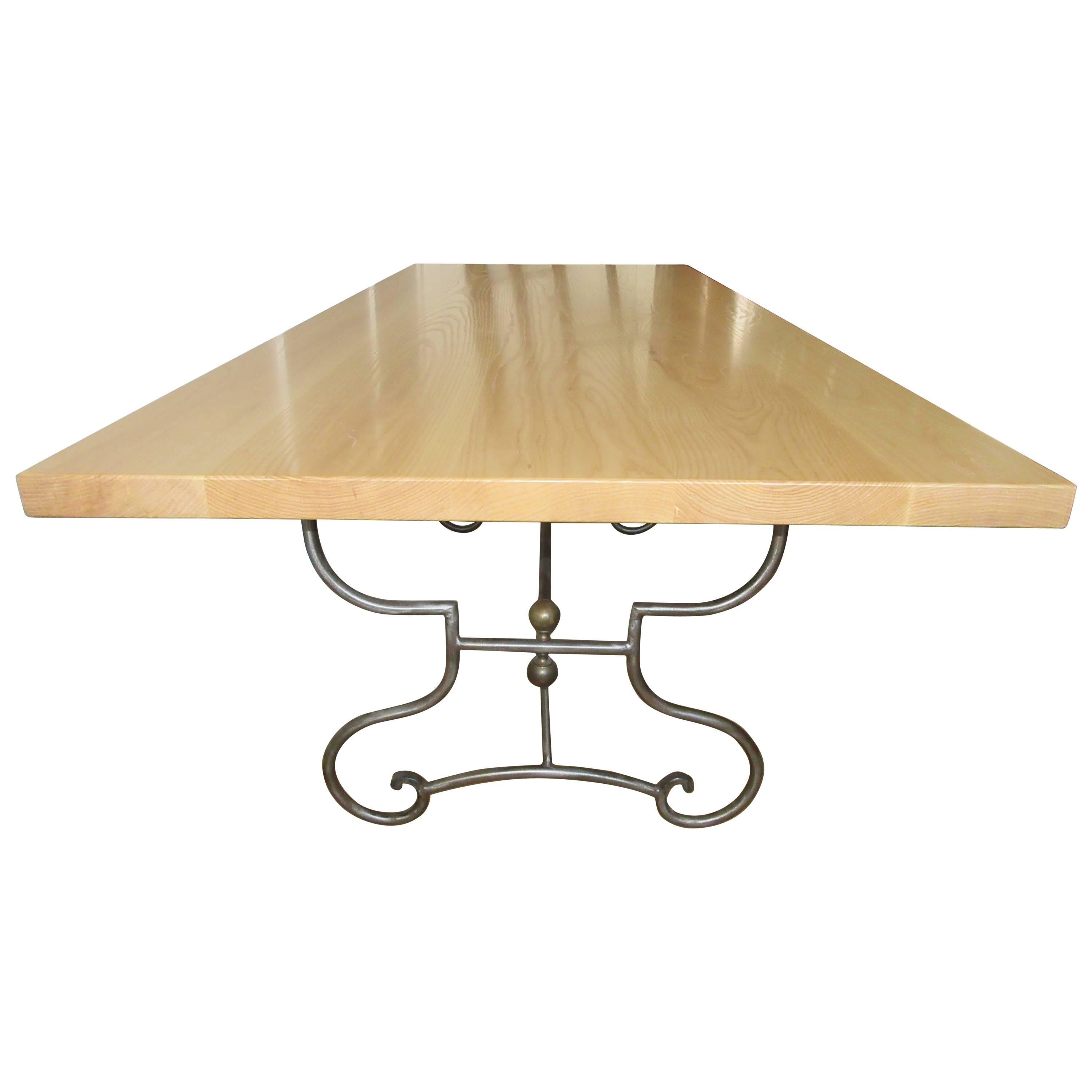 French Scrolled Iron and Ash Wood Dinning  Table