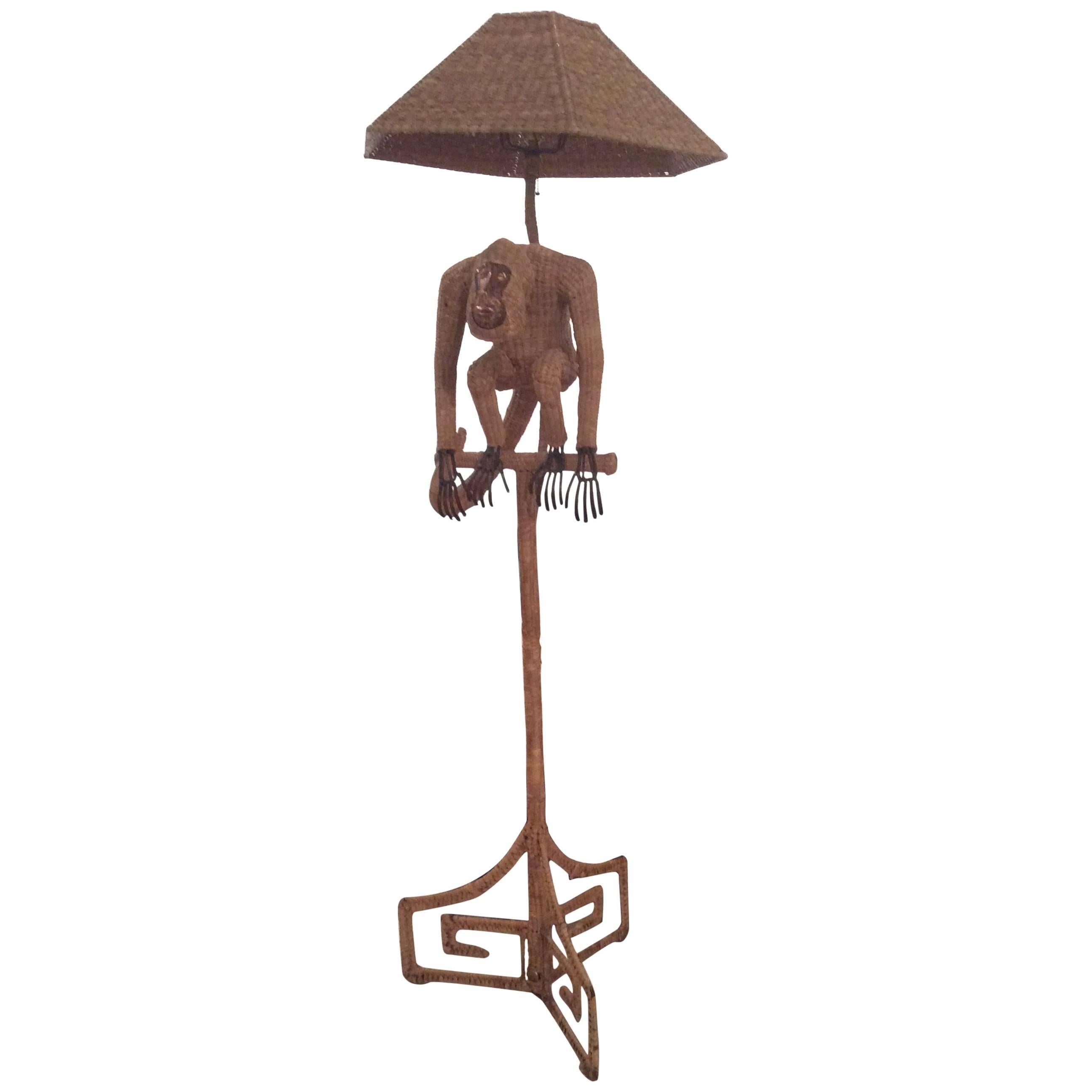 Mario Lopez Torres Monkey Floor Lamp Wicker Rattan Greek Key Hollywood Regency
