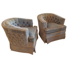 Pair of Vintage Button Tufted Arm Chairs Barrel Tub Swivel Hollywood Regency 