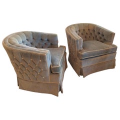 Pair of Vintage Button Tufted Arm Chairs Barrel Tub Swivel Hollywood Regency