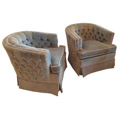 Pair of Vintage Button Tufted Arm Chairs Barrel Tub Swivel Hollywood Regency 5