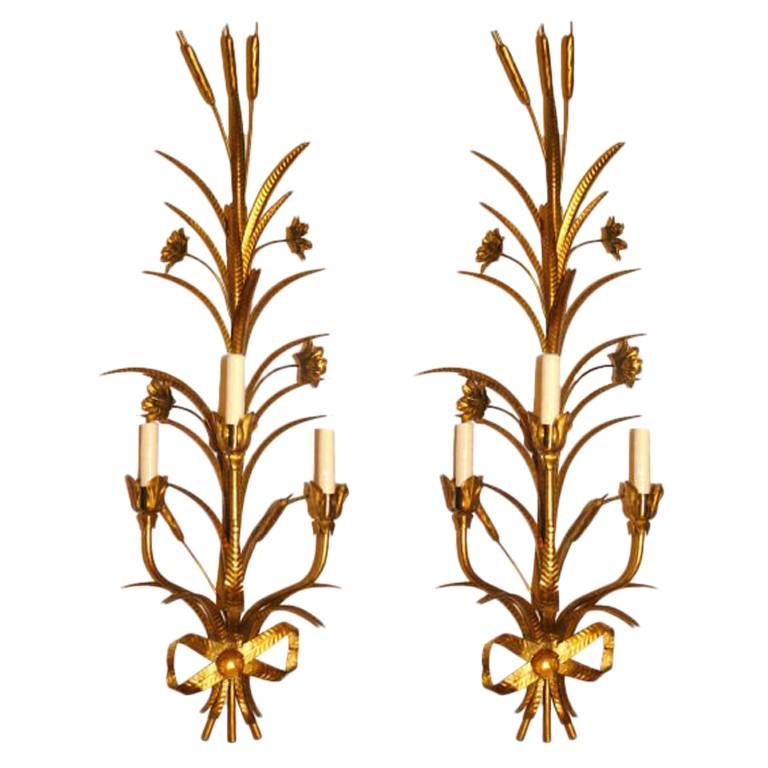 Large Gilt Metal Foliage Sconces For Sale