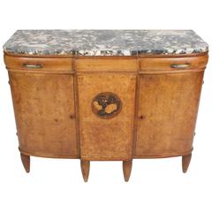 French Deco Marble Top and Floral Marquetry Sideboard Style of Süe et Mare