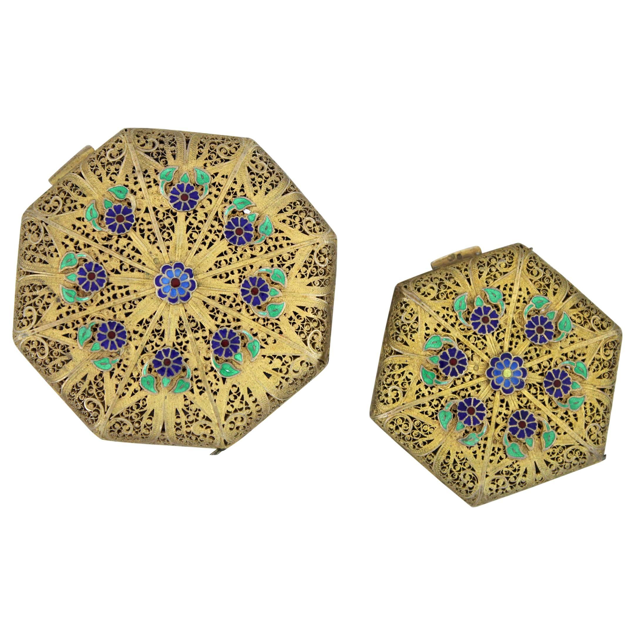 Pair of Octagon Compacts Vermeil Filigree Hallmarked & Enameled Flower Applique