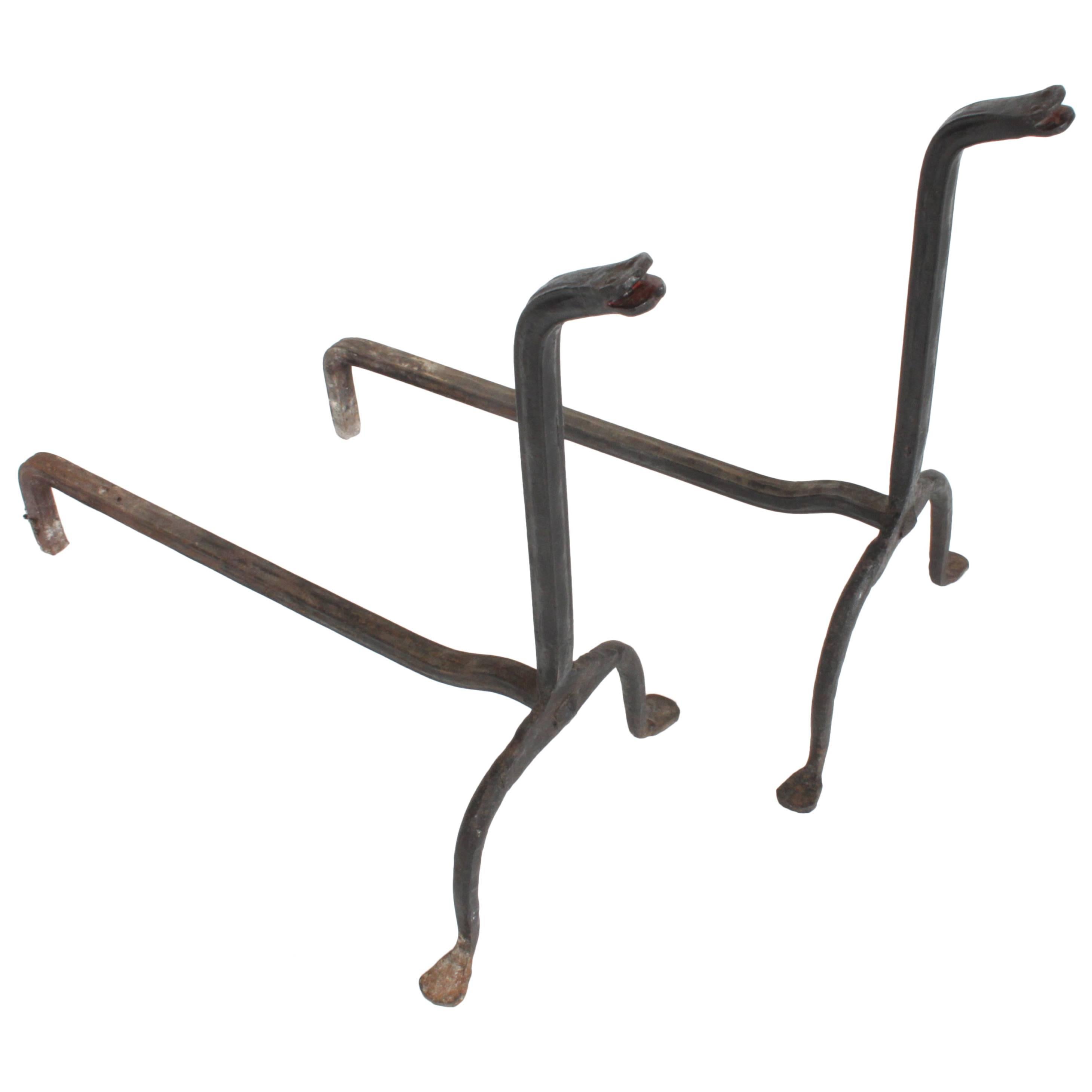 Hand-Wrought Black Iron Snake Andirons For Sale