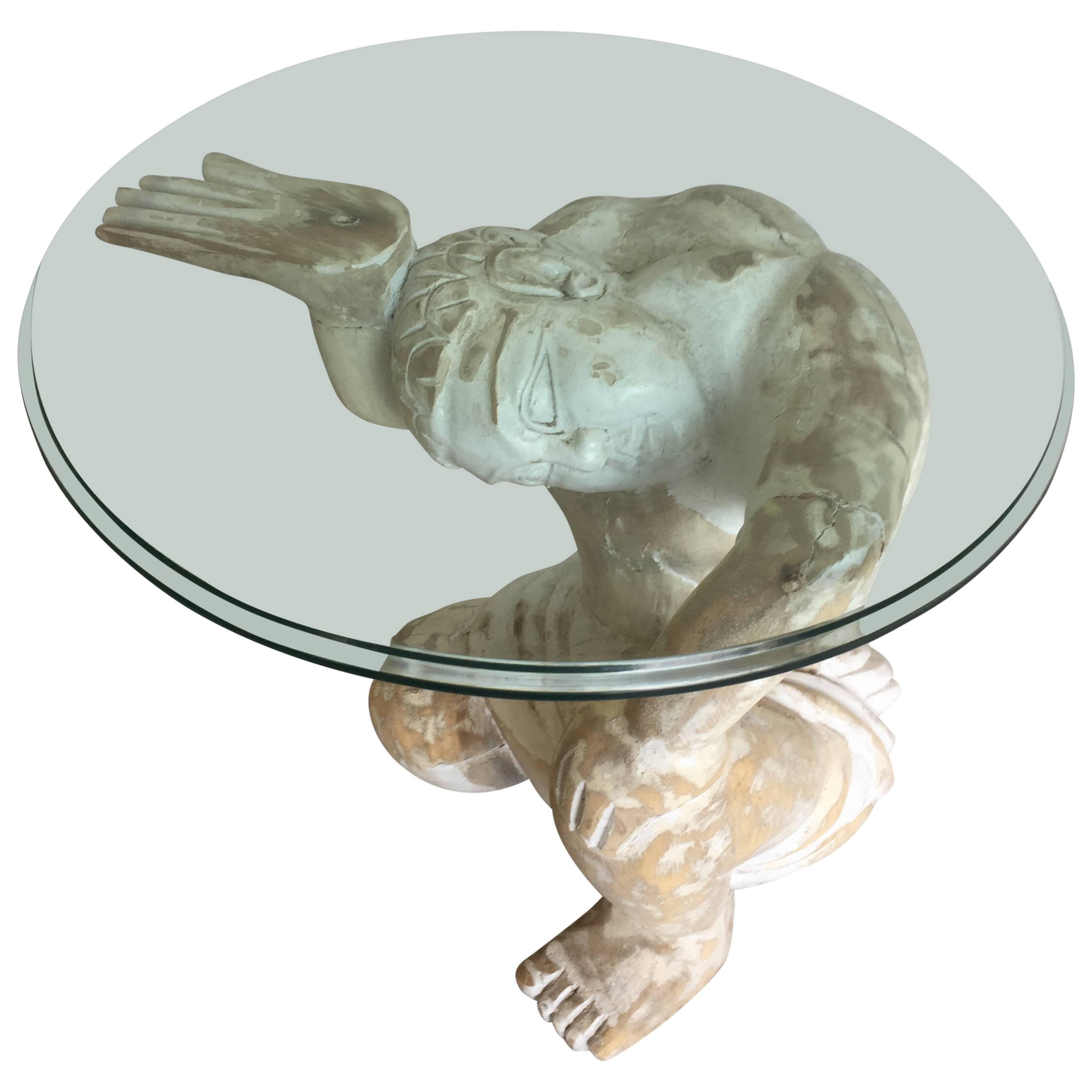 Striking Tony Duquette Style Carved Wood Kneeling Man Martini Table
