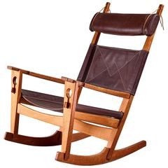 Hans Wegner Keyhole Rocking Chair in Original Leather, Denmark, 1950s 10