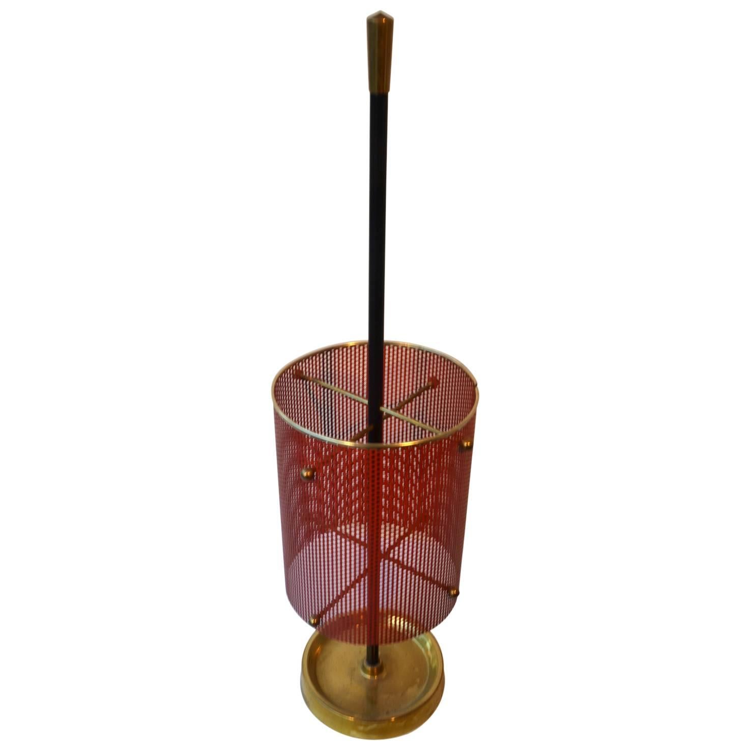 1950s Brass and Red Metal Umbrella Stand