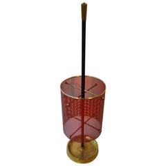 1950s Brass and Red Metal Umbrella Stand