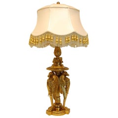 Large Gilt Brass Table Lamp Featuring Three Large Eagles