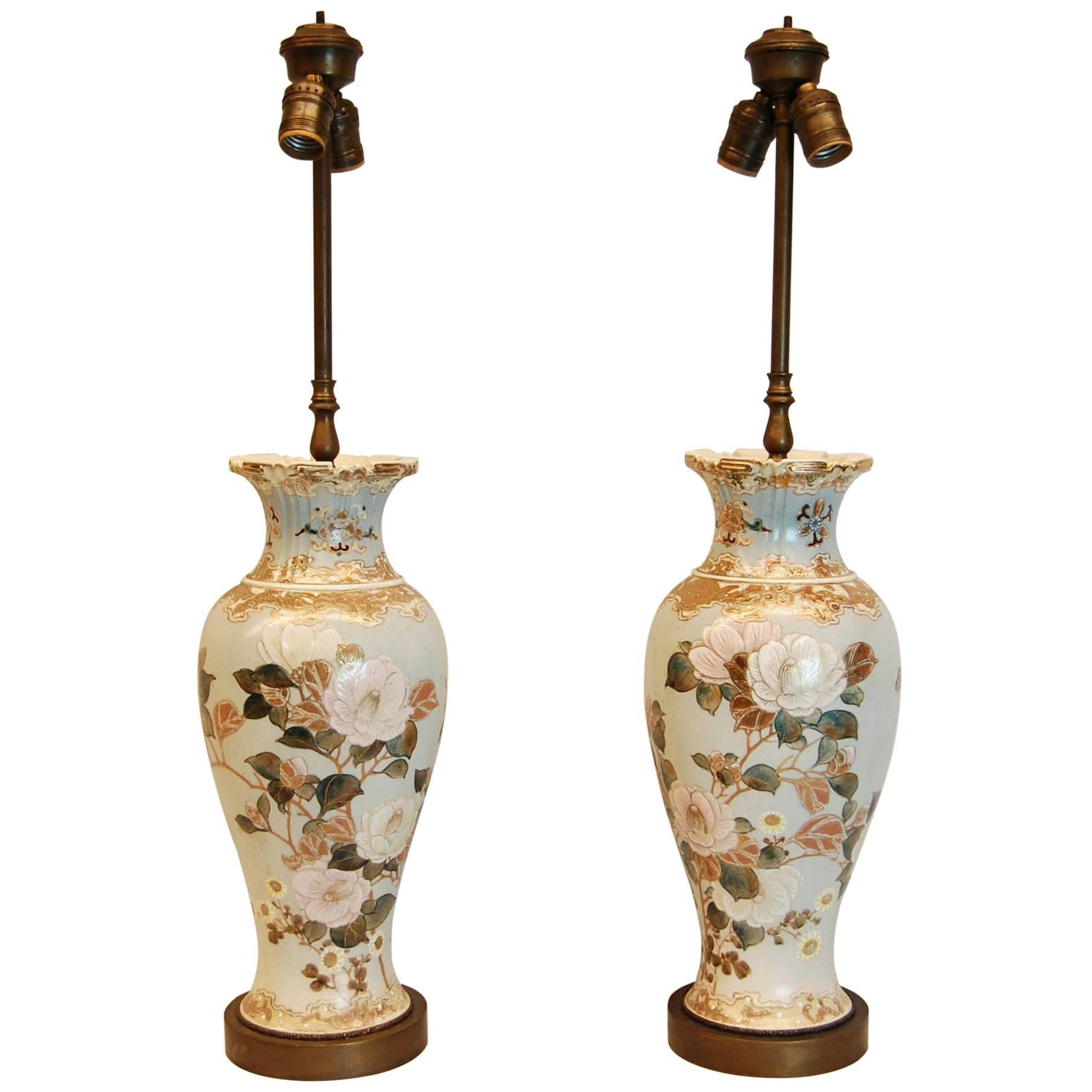 Pair of Floral & Gold Decorated Porcelain Vases Wired as Lamps For Sale