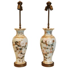 Pair of Floral & Gold Decorated Porcelain Vases Wired as Lamps