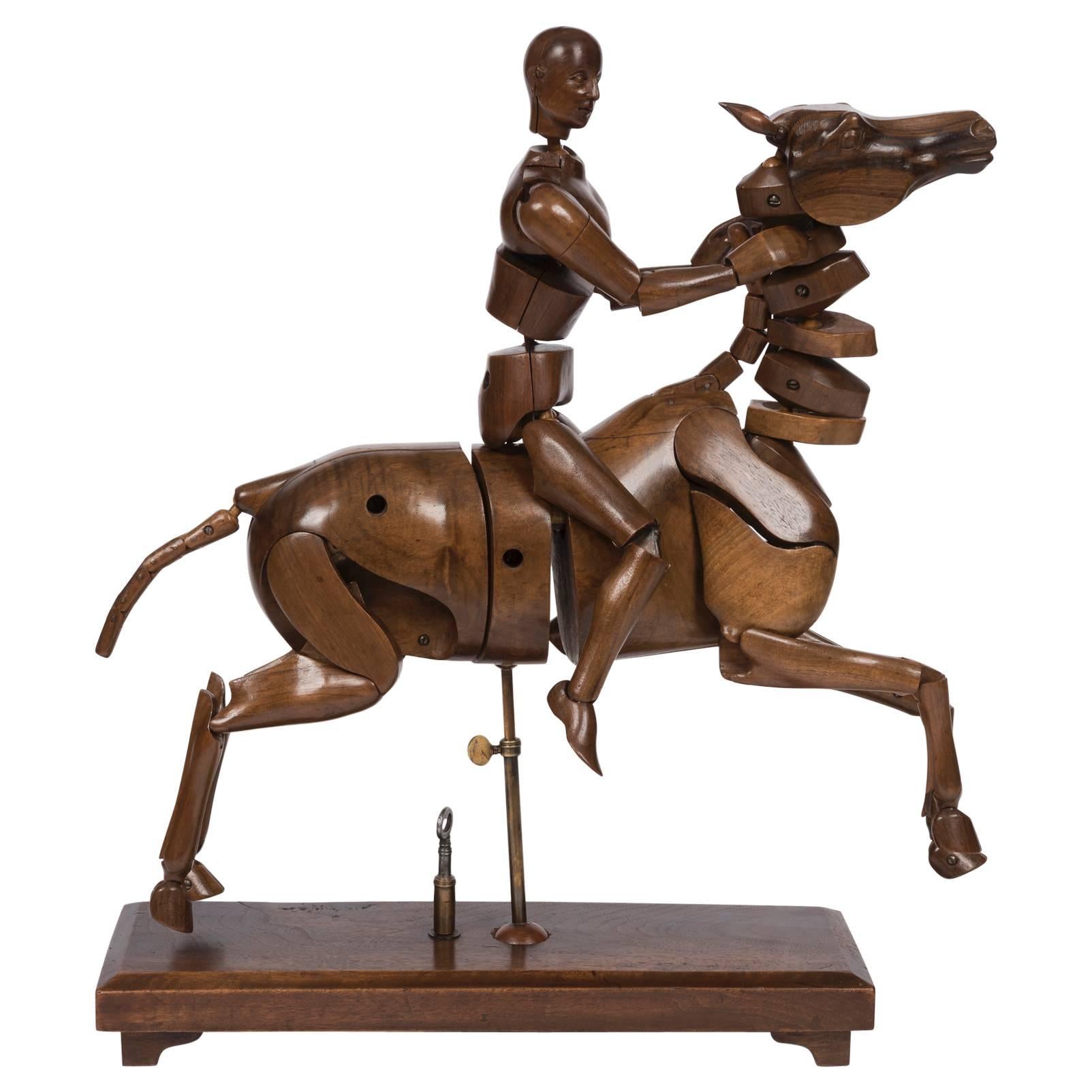 Remarkable Fine Quality Figured Walnut Horse and Rider Artists Lay Figure For Sale