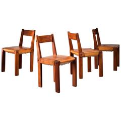 Pierre Chapo Set of Four Elm and Leather Dining Chairs, France, 1960s 4